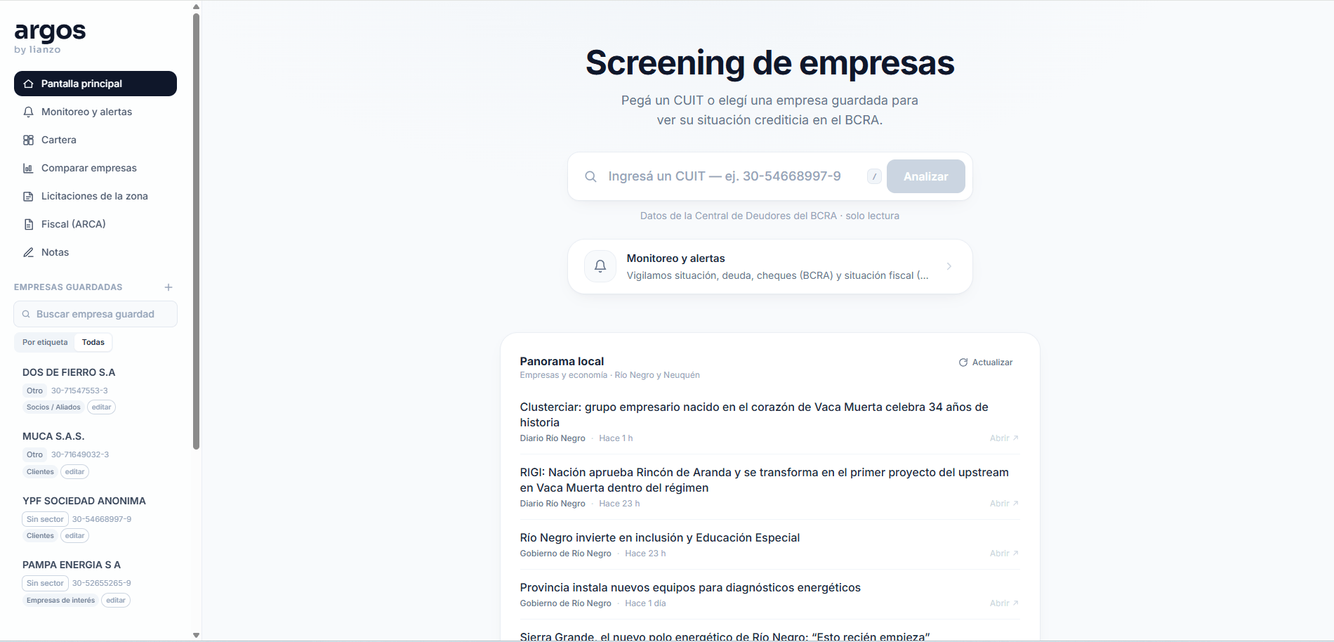 Pantalla principal de Argos: screening de empresas por CUIT